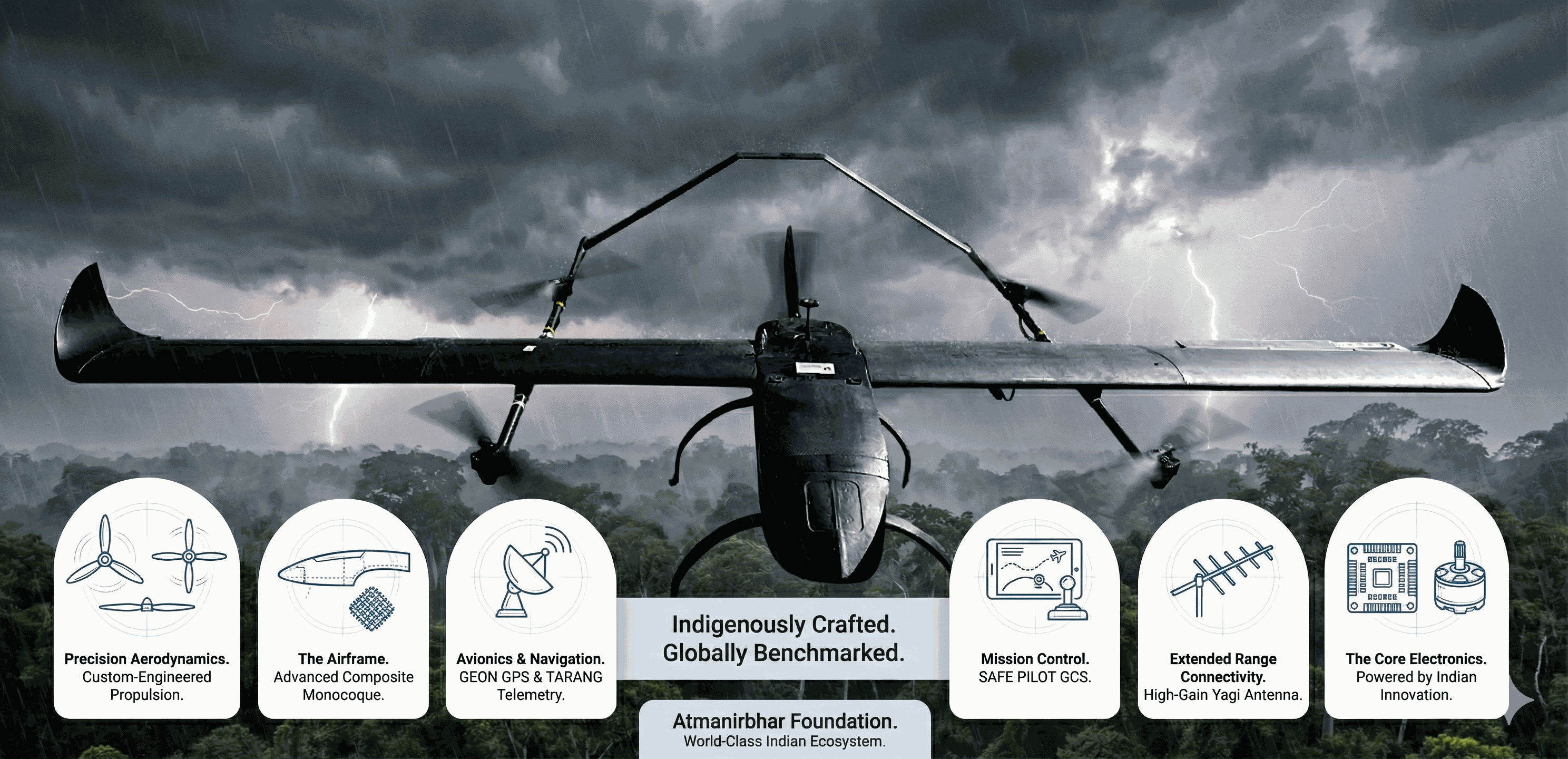 Hans VTOL drone infographic highlighting indigenous manufacturing and Atmanirbhar Bharat components. Features icons for custom tri-blade propellers, carbon composite airframe, GEON GPS, Tarang telemetry transmitter, Safe Pilot GCS, and Indian-made flight electronics.